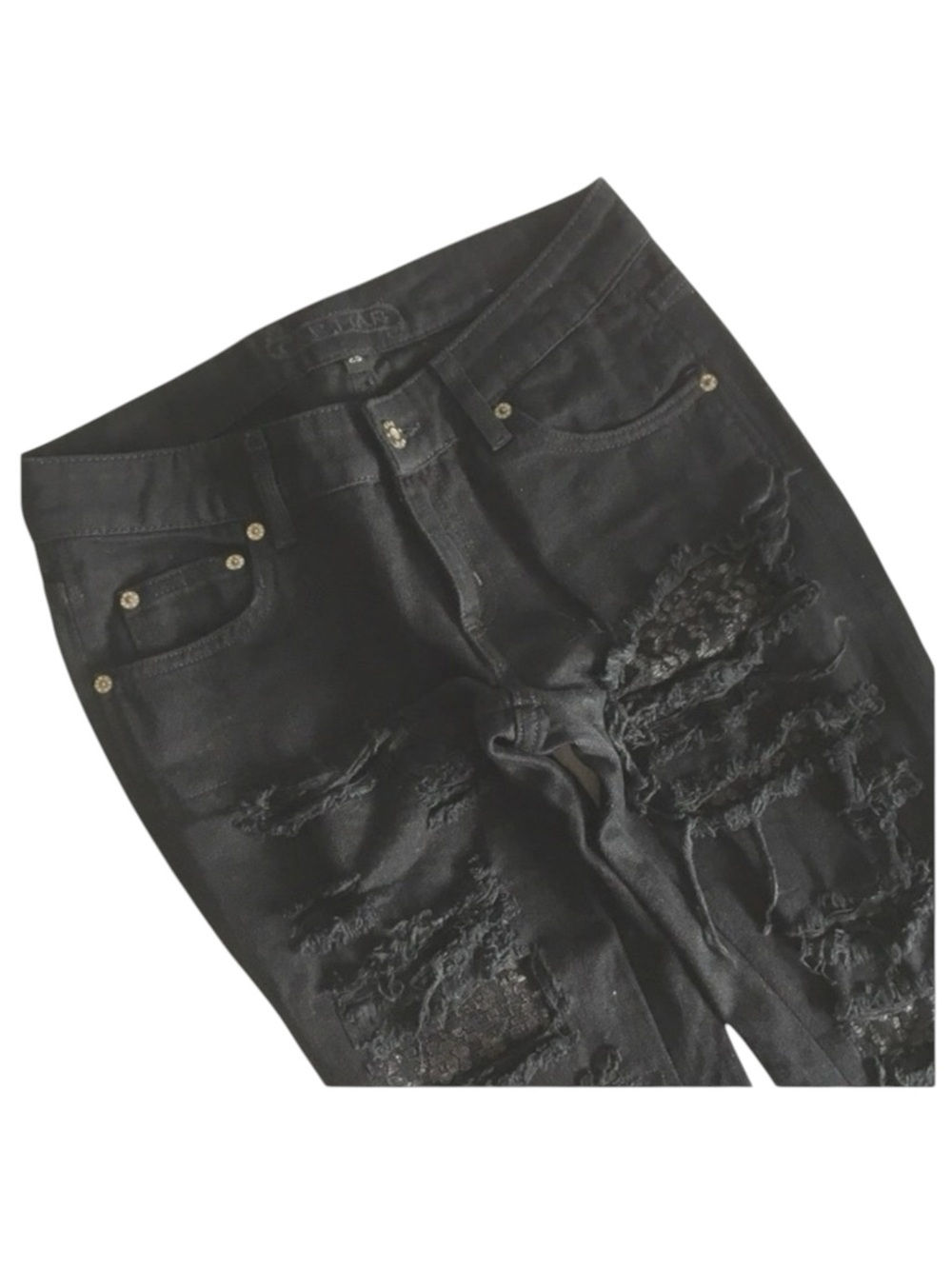 LF Carmar ❉ Skinny Shredded Rips Stretch Jeans ❉ Lace Patches ❉ Jet Black ❉ 25 ❉ - Picture 5 of 16